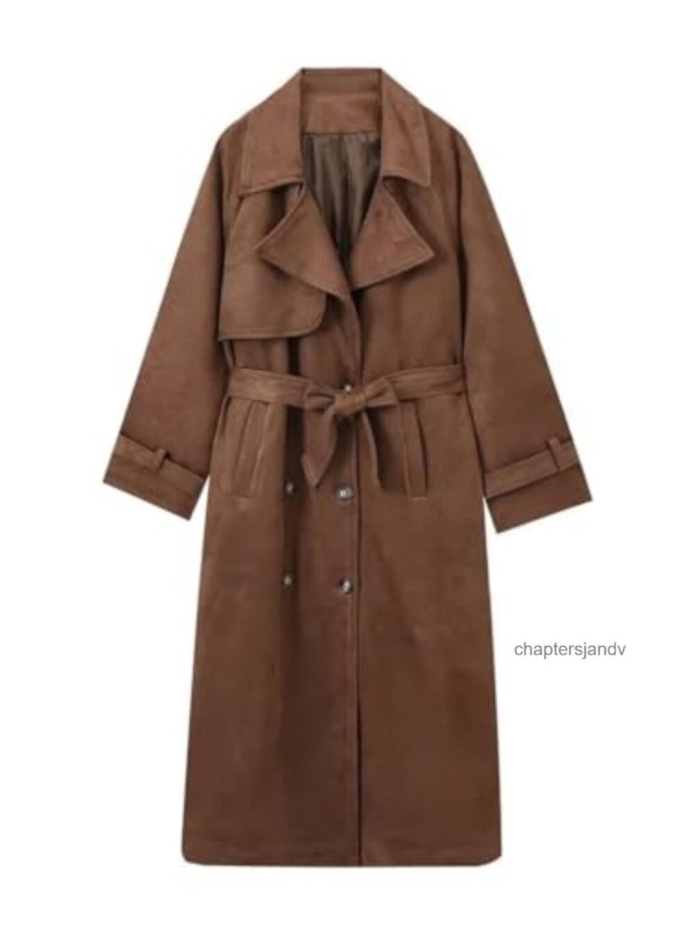 Faux Suede Trench Coat Long Double Breasted Pea Coat with Belt